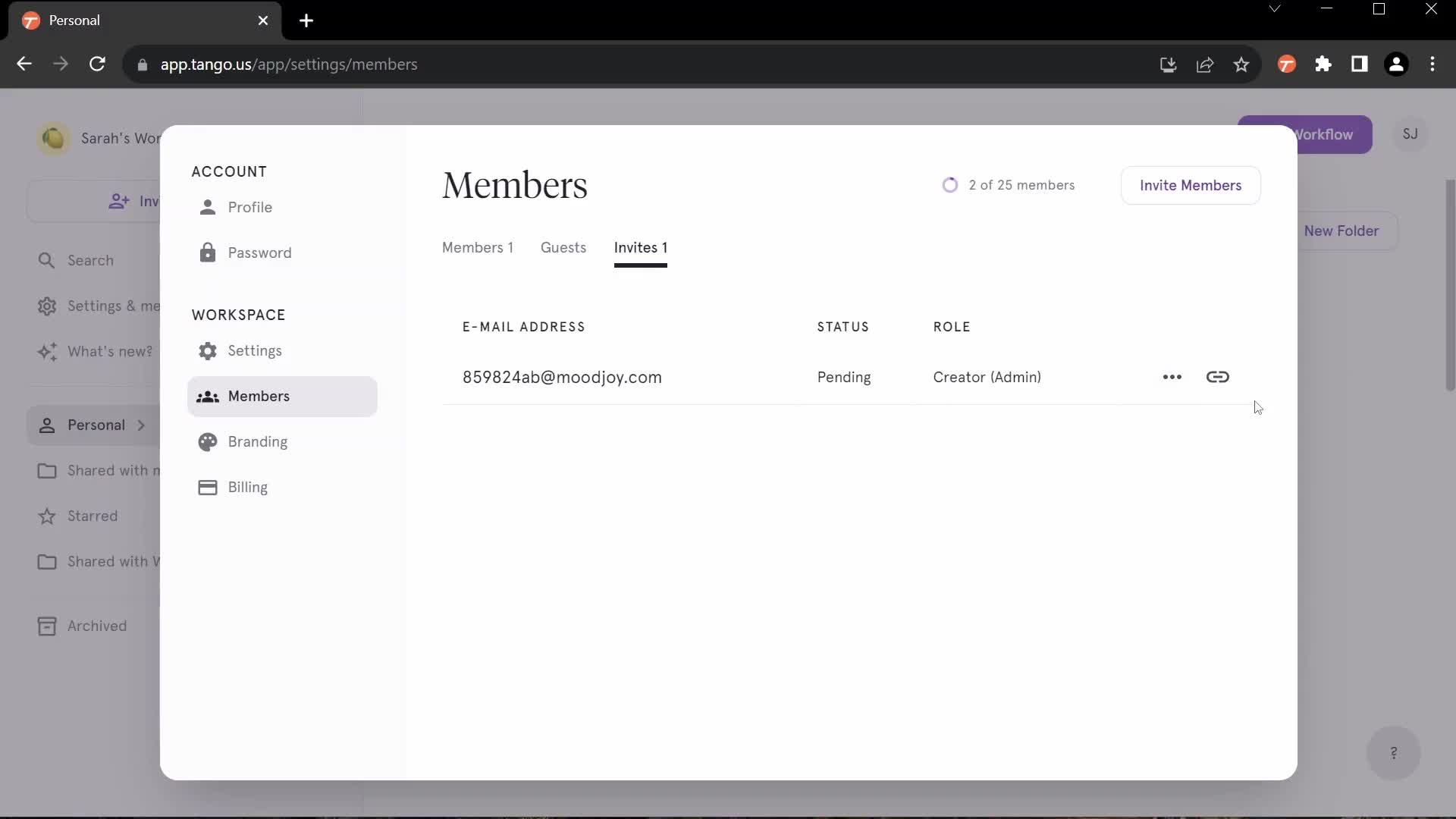 Screenshot of Members on Inviting people on Tango user flow