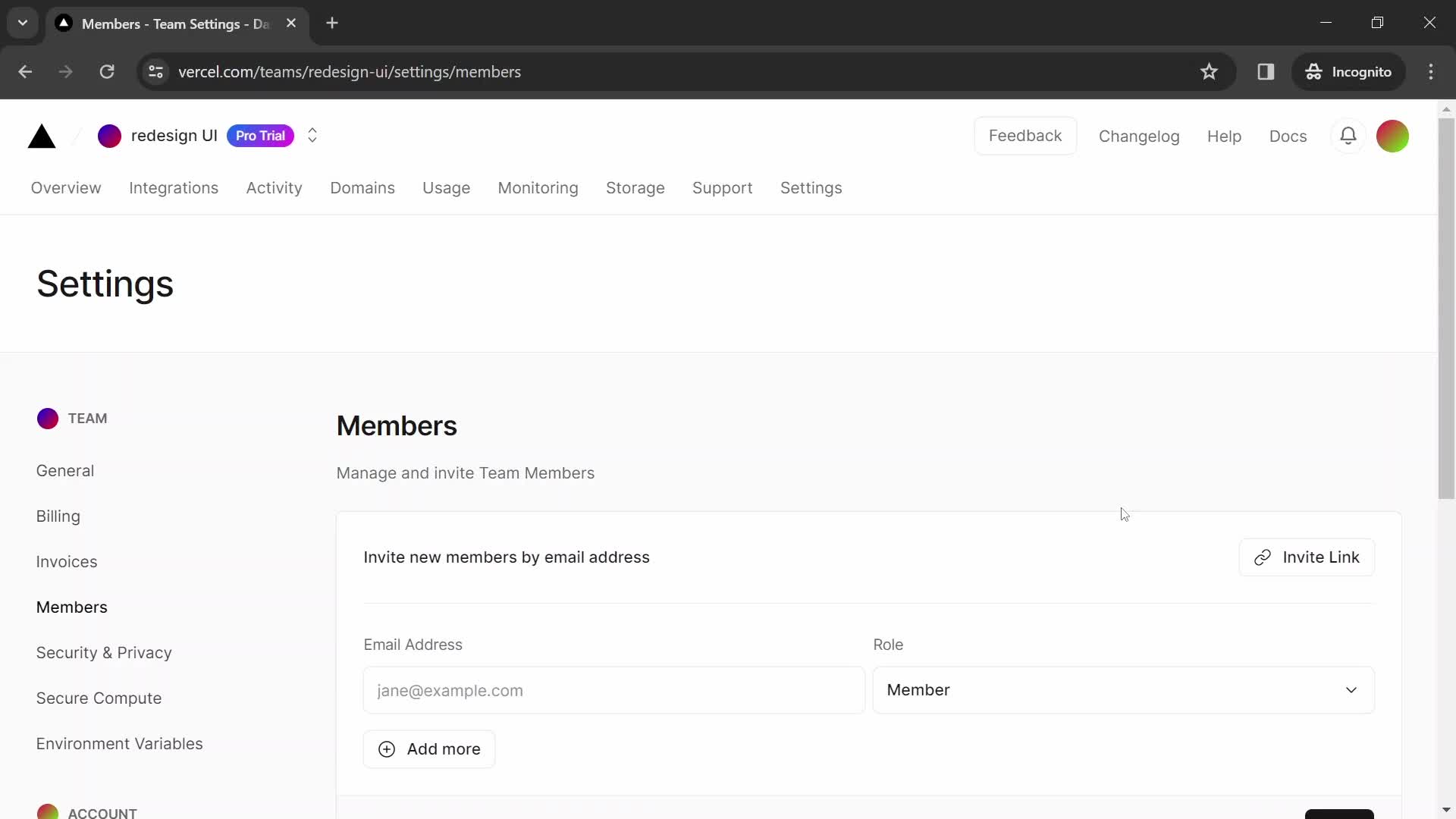Screenshot of Members on Inviting people on Vercel user flow