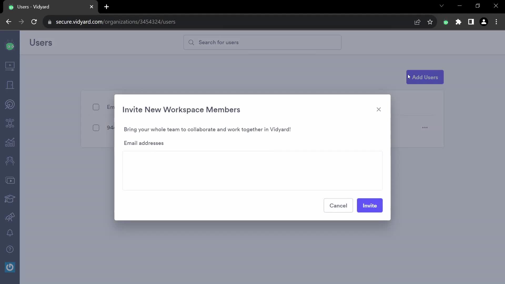 Screenshot of Add user on Inviting people on Vidyard user flow