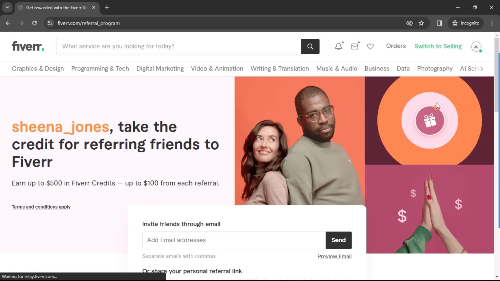 Fiverr invite friends screenshot