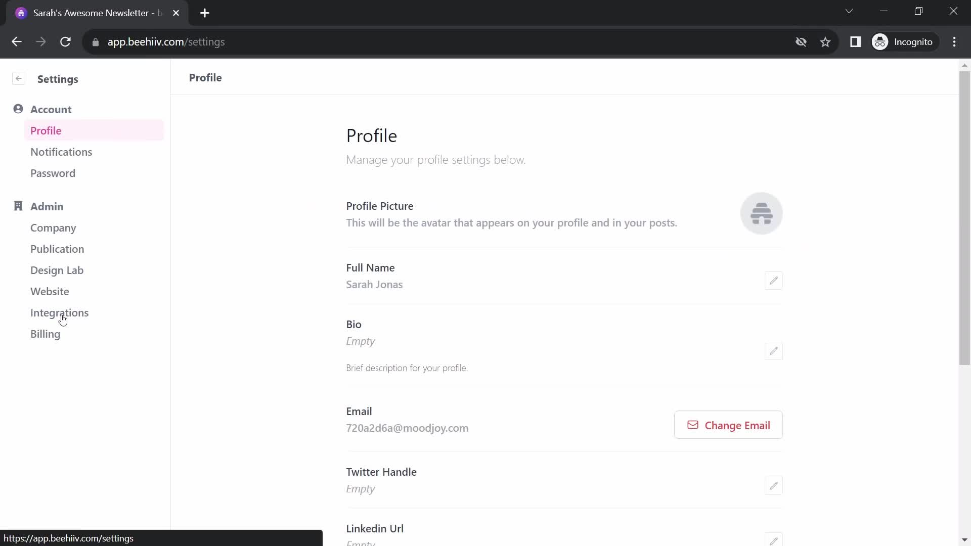 Screenshot of Settings on Inviting people on Beehiiv user flow