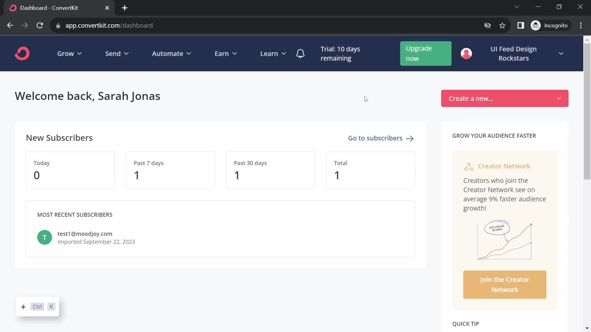 Screenshot of Dashboard on Inviting people on ConvertKit user flow