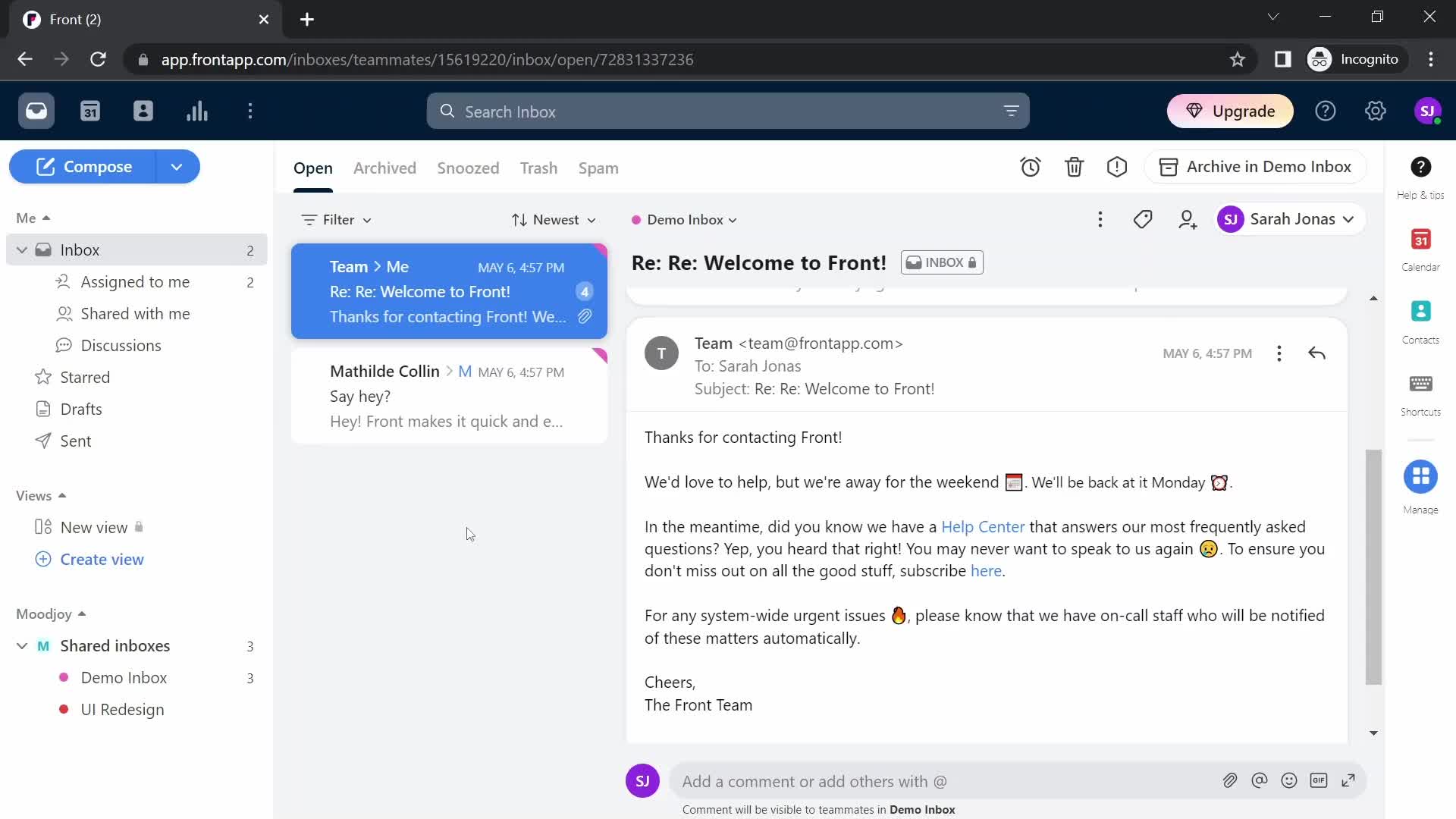 Screenshot of Inbox on Inviting people on Front user flow