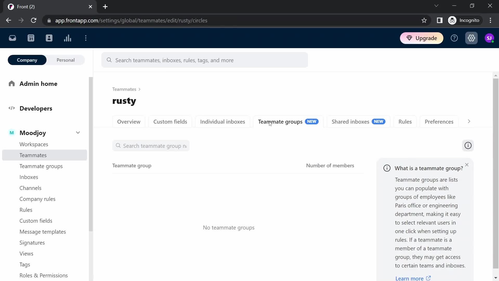 Screenshot of Groups on Inviting people on Front user flow