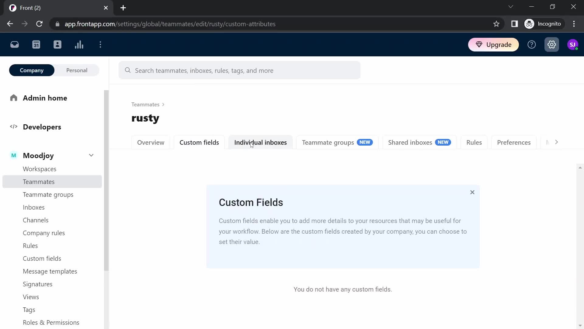 Screenshot of Custom fields on Inviting people on Front user flow