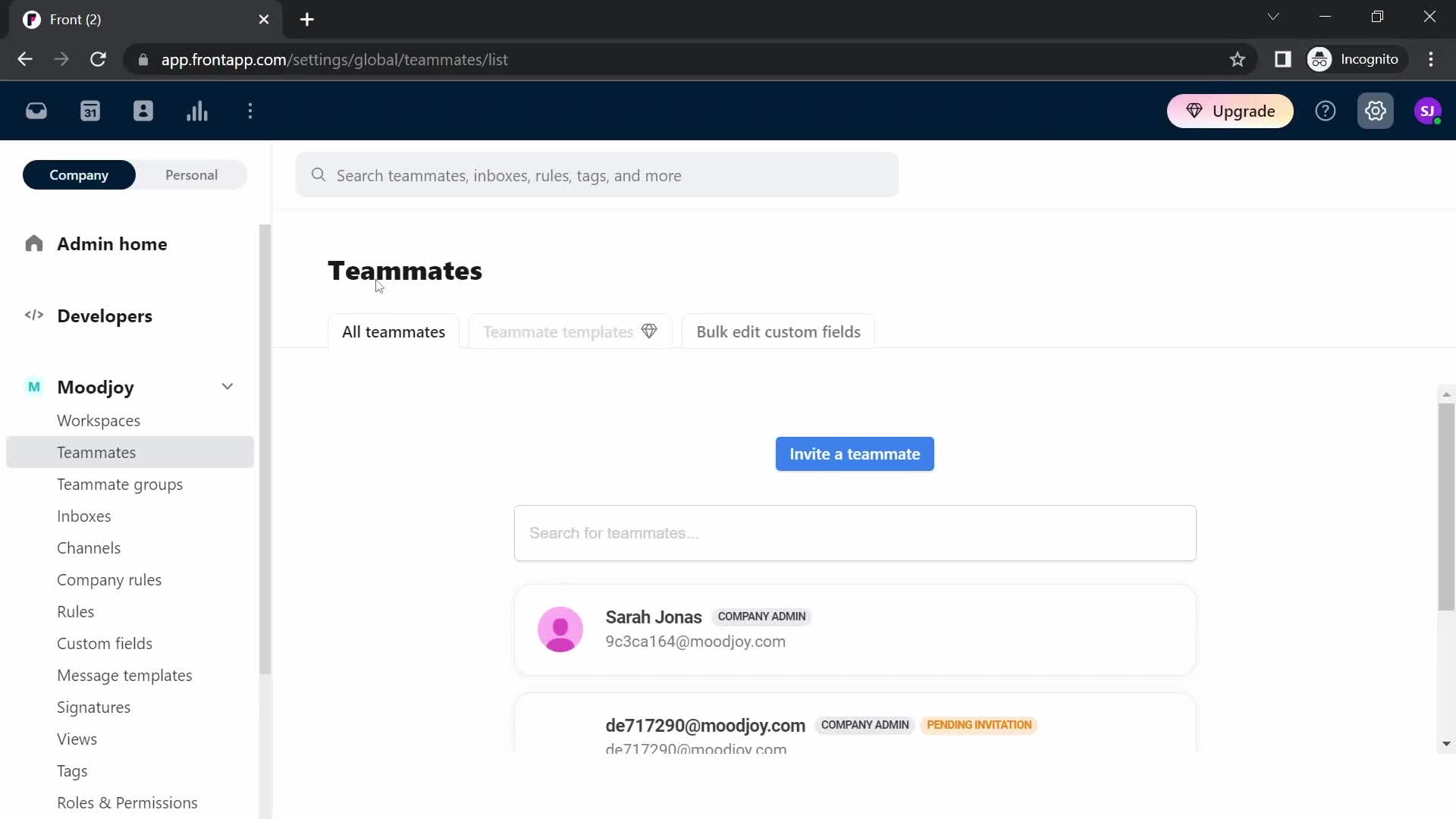Screenshot of Teammates on Inviting people on Front user flow