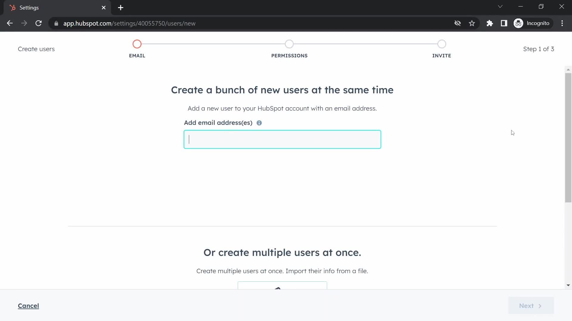 Screenshot of Create user on Inviting people on HubSpot CRM user flow