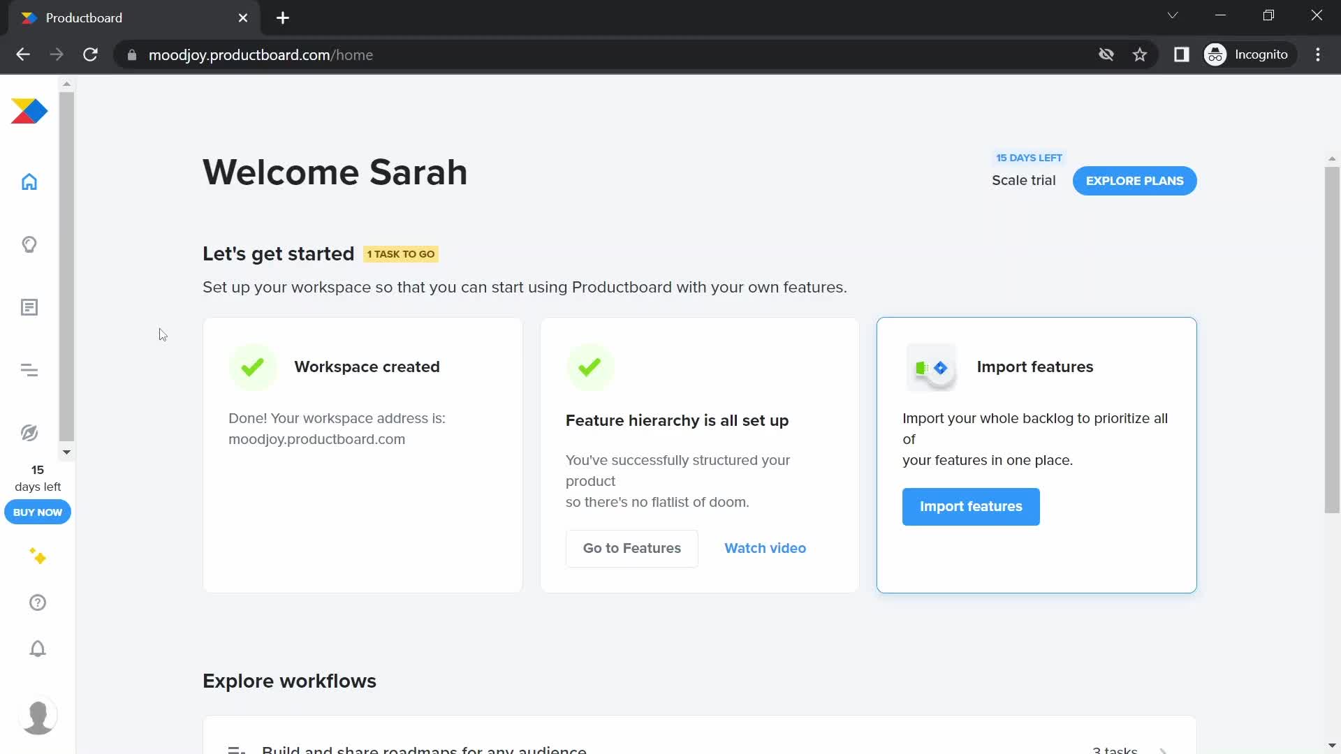 Screenshot of Home on Inviting people on Productboard user flow