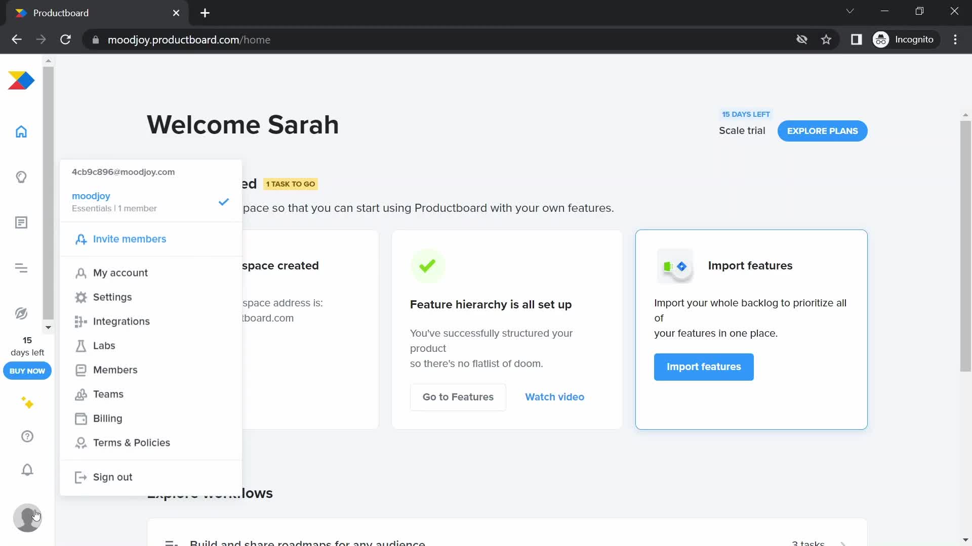 Screenshot of Account menu on Inviting people on Productboard user flow