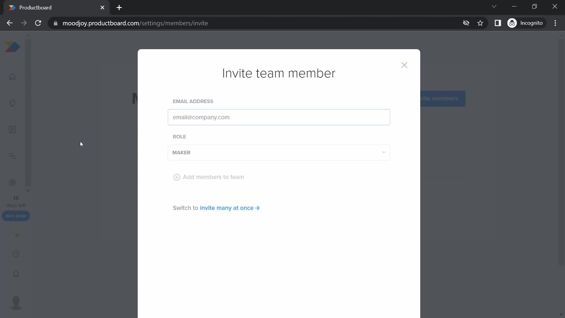 Screenshot of Invite teammate on Inviting people on Productboard user flow
