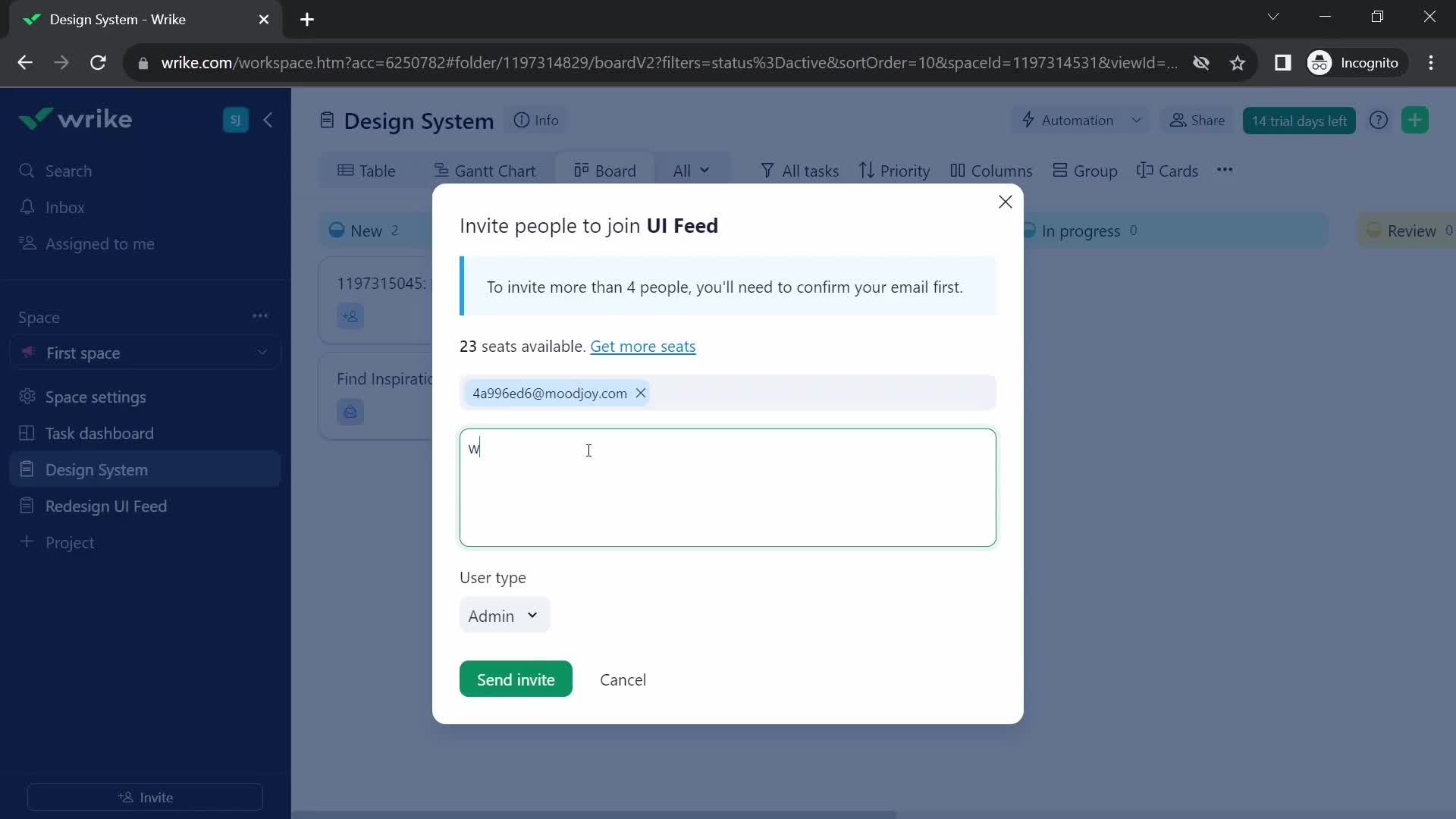 Screenshot of Add message on Inviting people on Wrike user flow