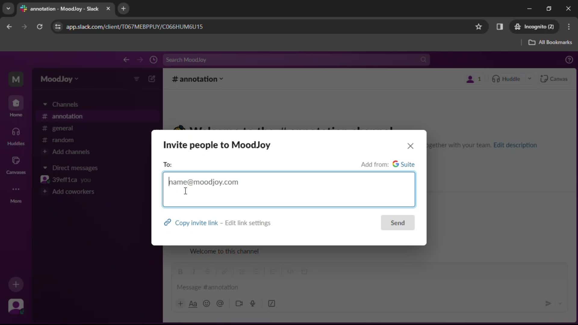 Screenshot of Invite people on Inviting people on Slack user flow