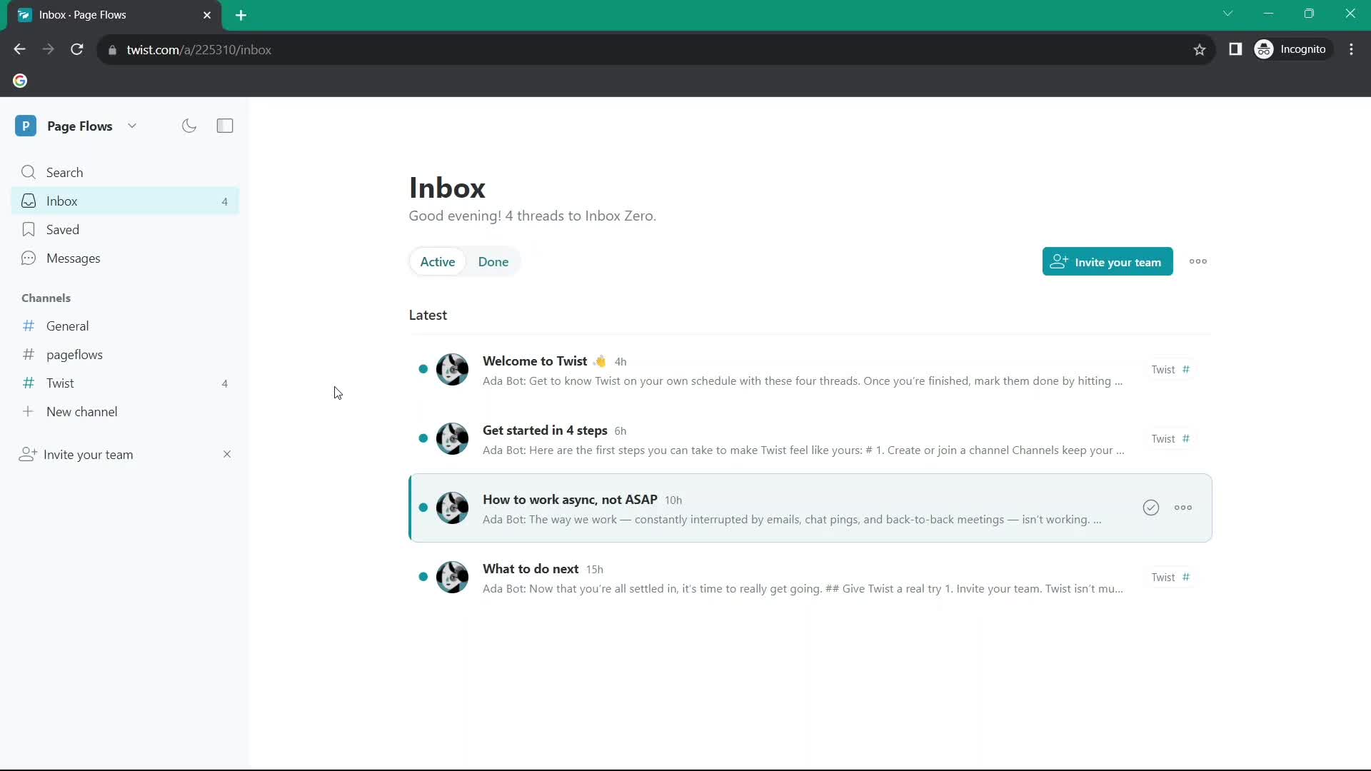 Screenshot of Inbox on Inviting people on Twist user flow