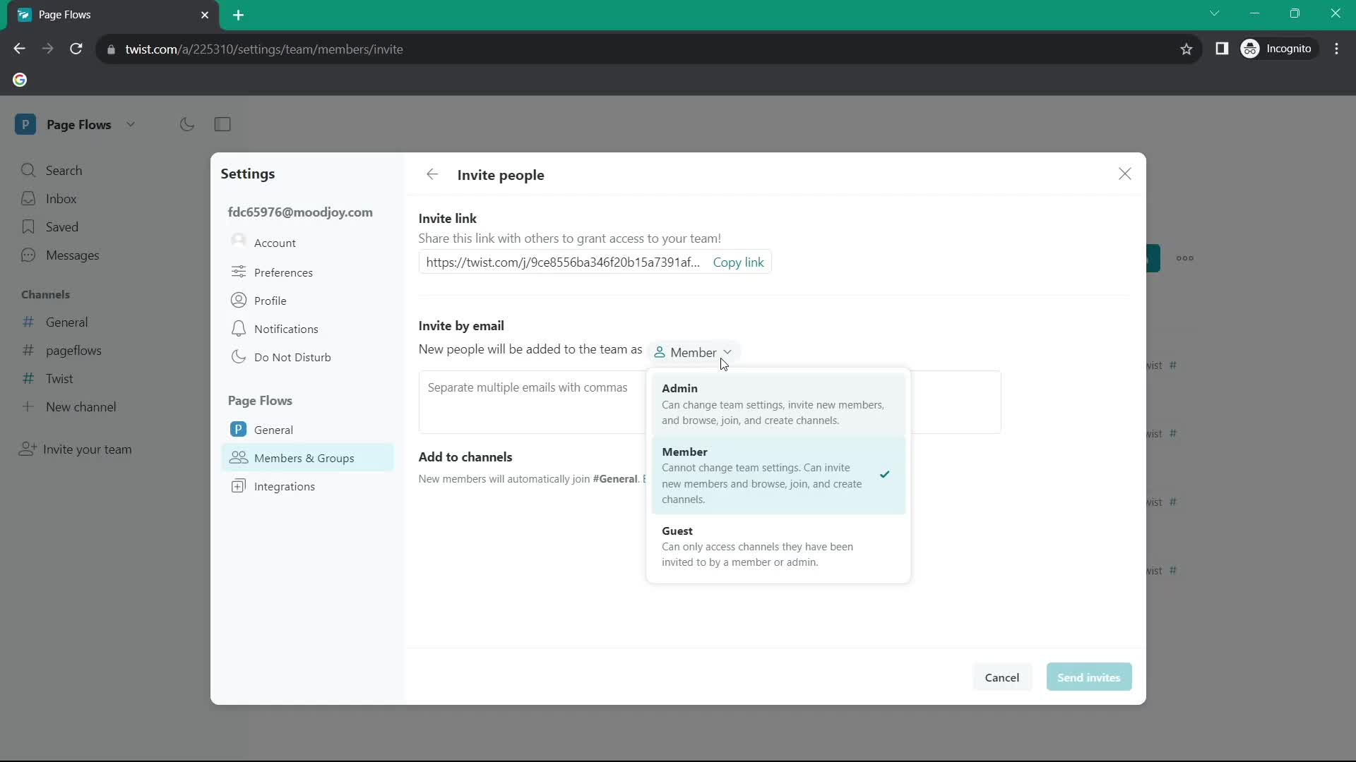 Screenshot of Select role on Inviting people on Twist user flow