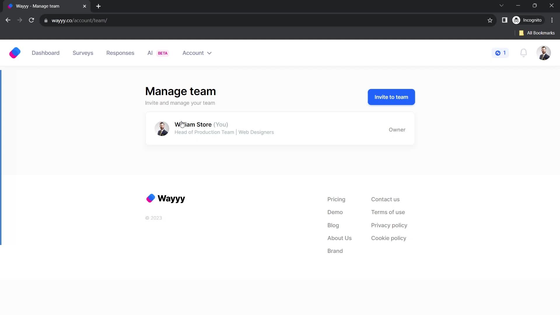 Screenshot of Manage team on Inviting people on Wayyy user flow