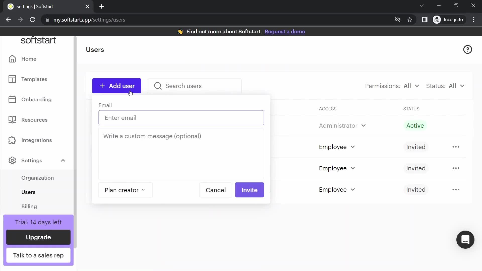 Screenshot of Invite user on Inviting people on Softstart user flow
