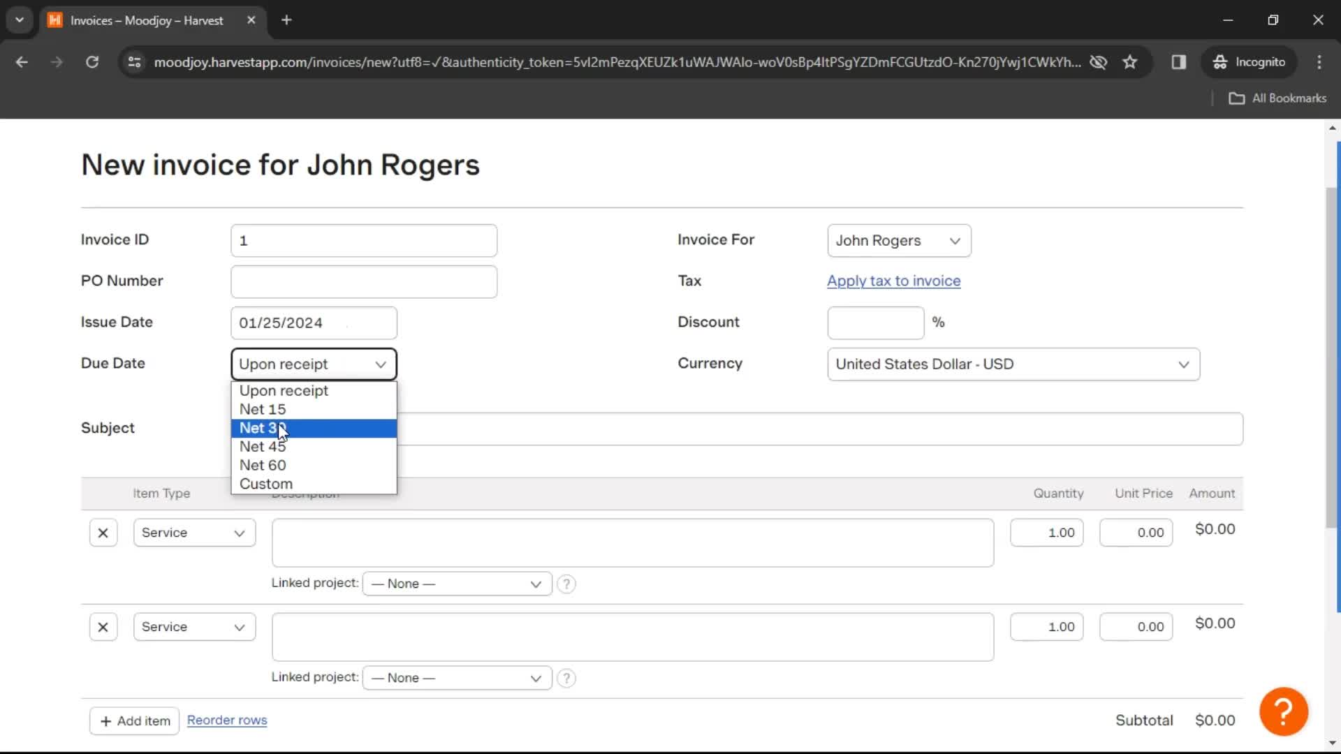 Creating an invoice screenshot