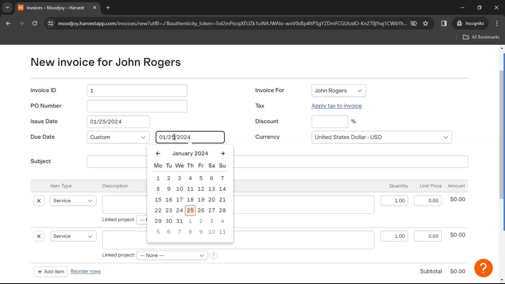 Creating an invoice screenshot