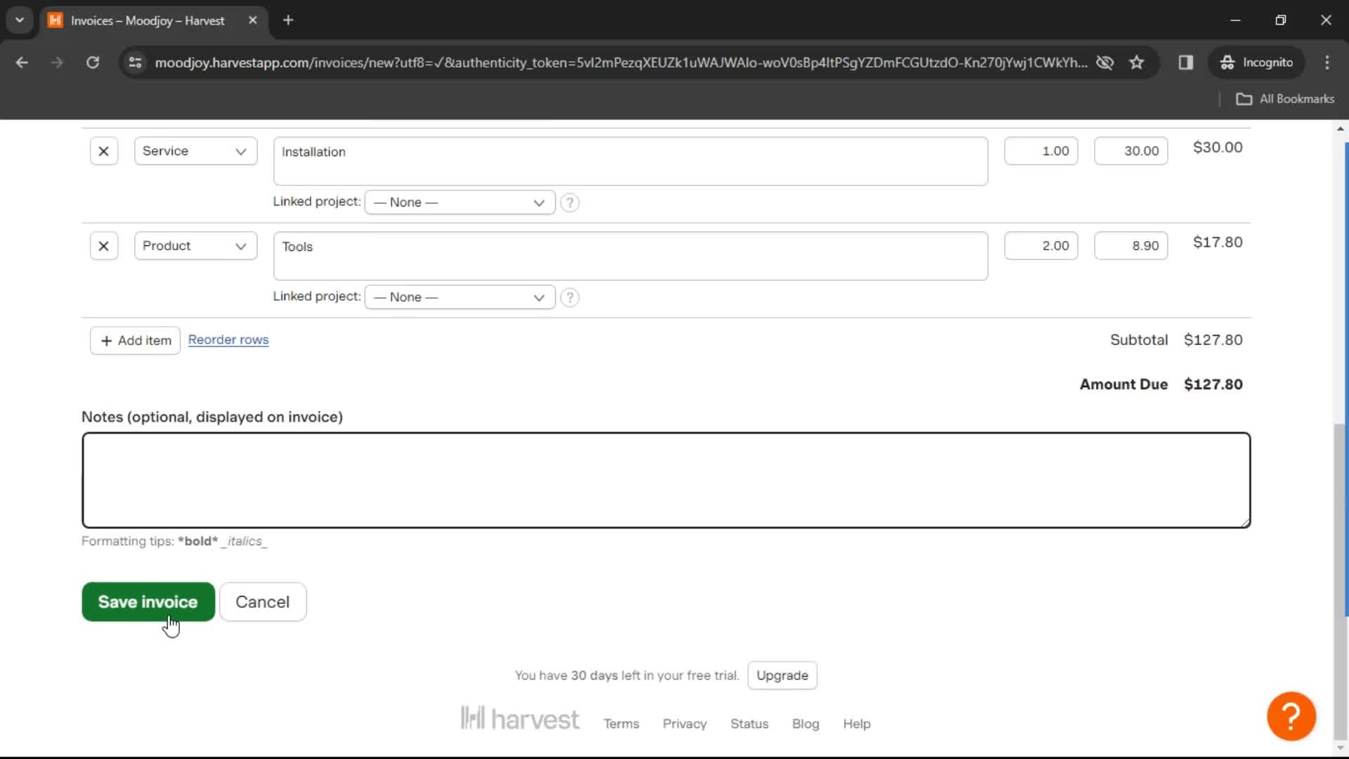 Creating an invoice screenshot