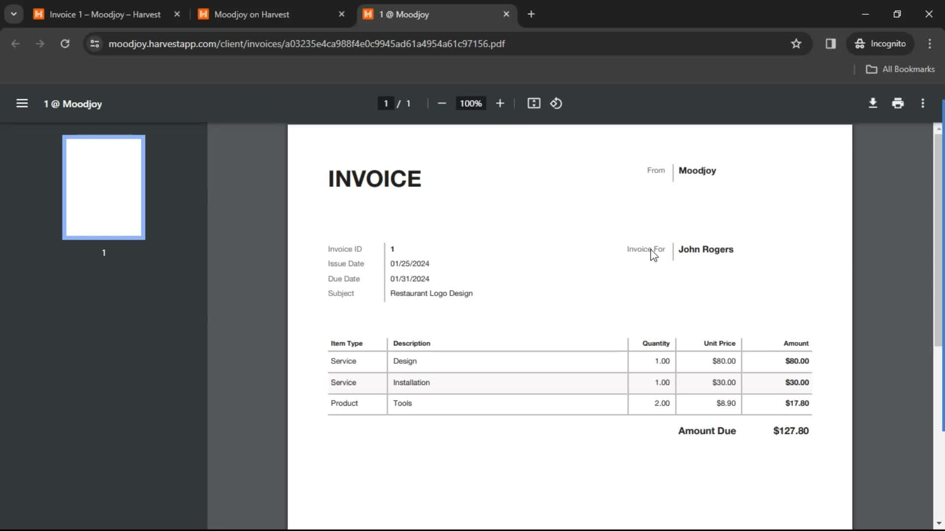 Creating an invoice screenshot