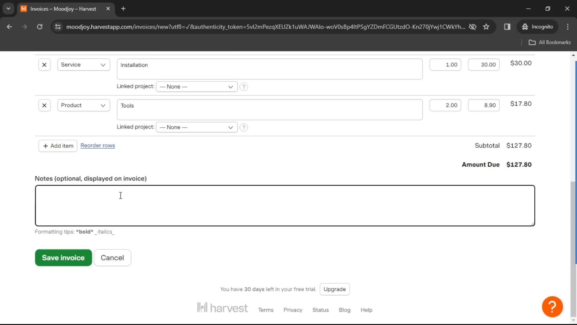 Creating an invoice screenshot