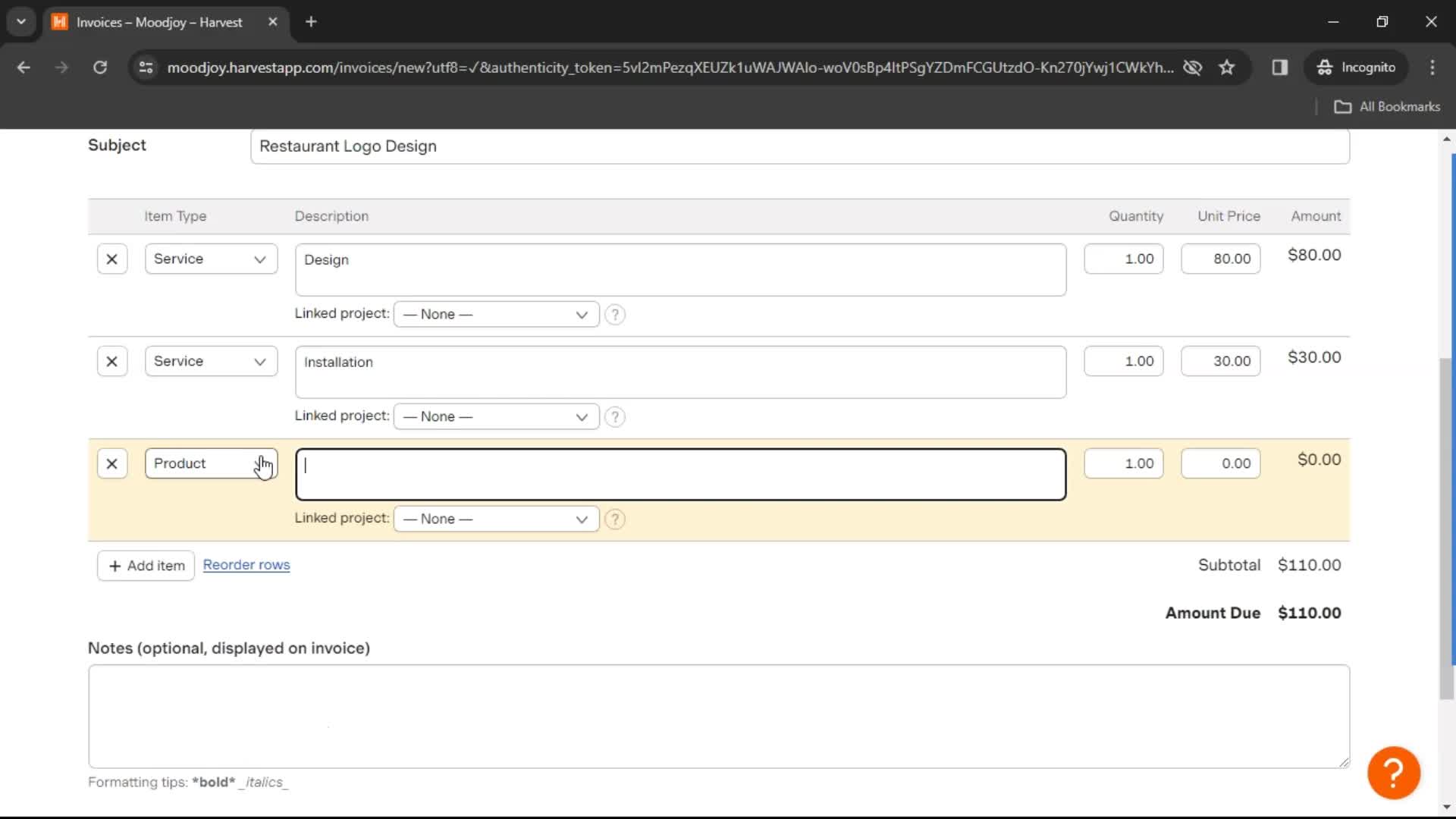 Creating an invoice screenshot