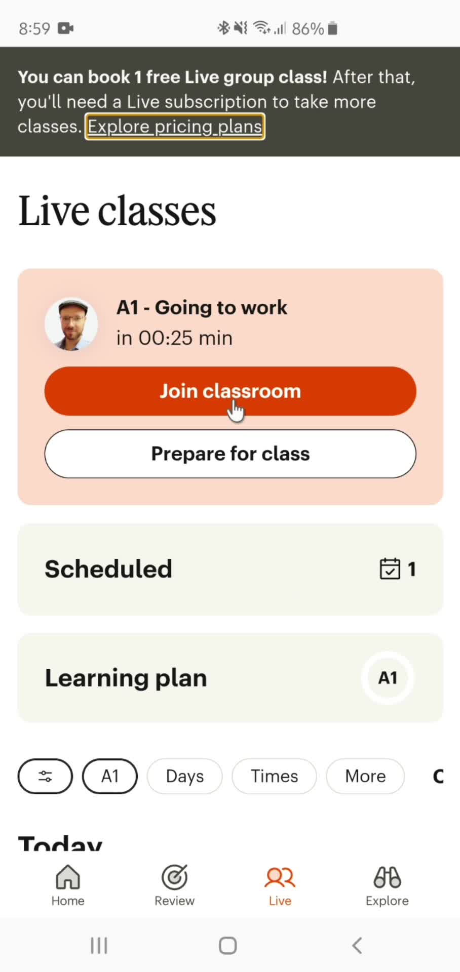 Joining live classes screenshot