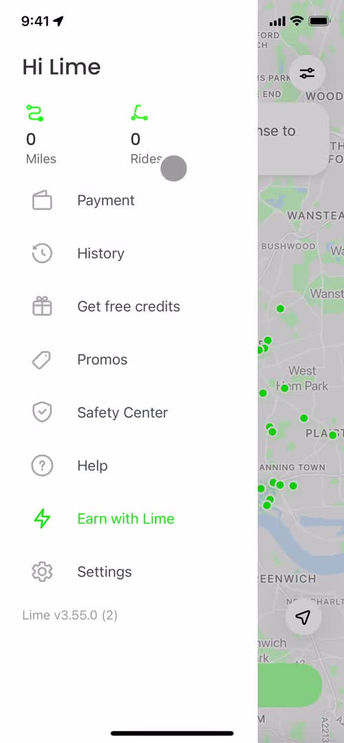 Screenshot of Navigation menu on Promo codes on Lime user flow