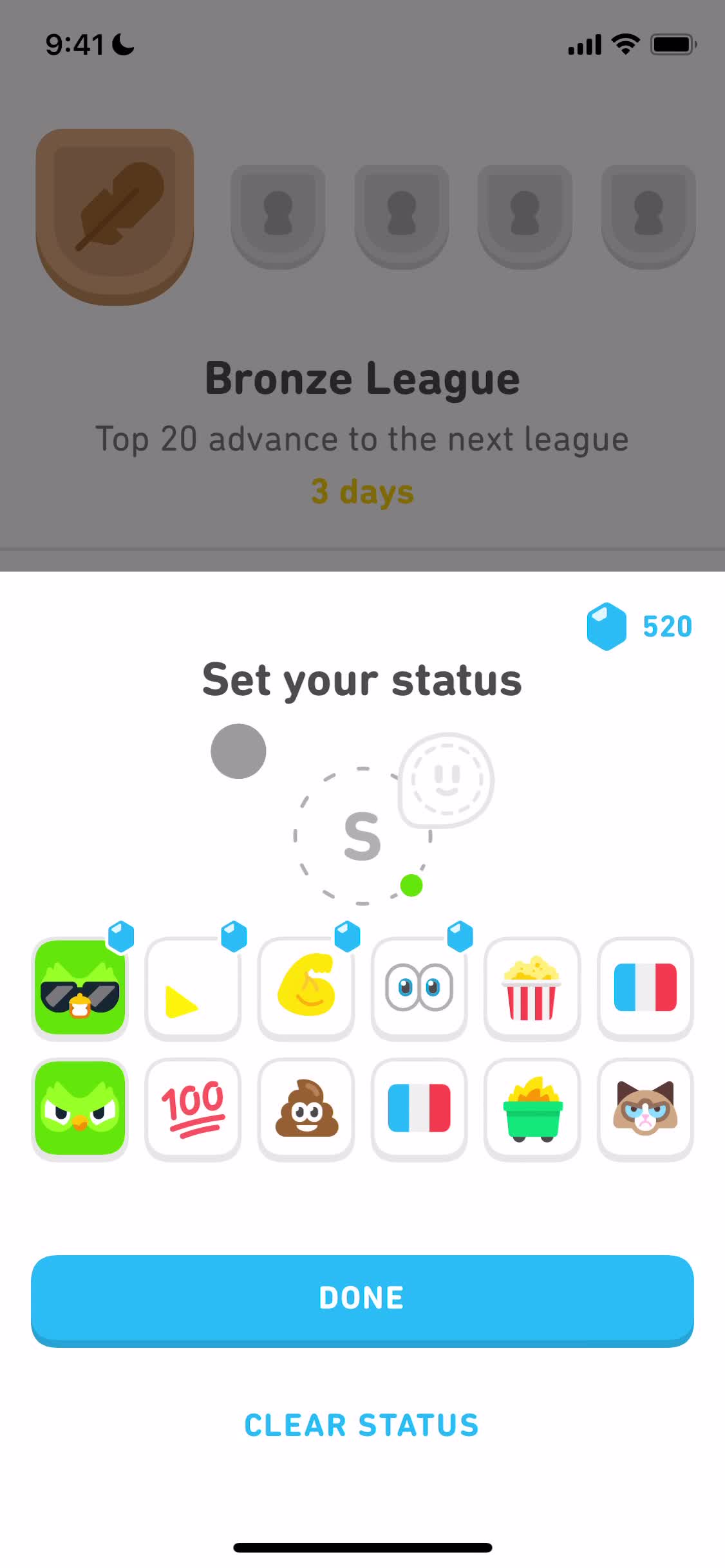 Screenshot of Set status on Leaderboards on Duolingo user flow