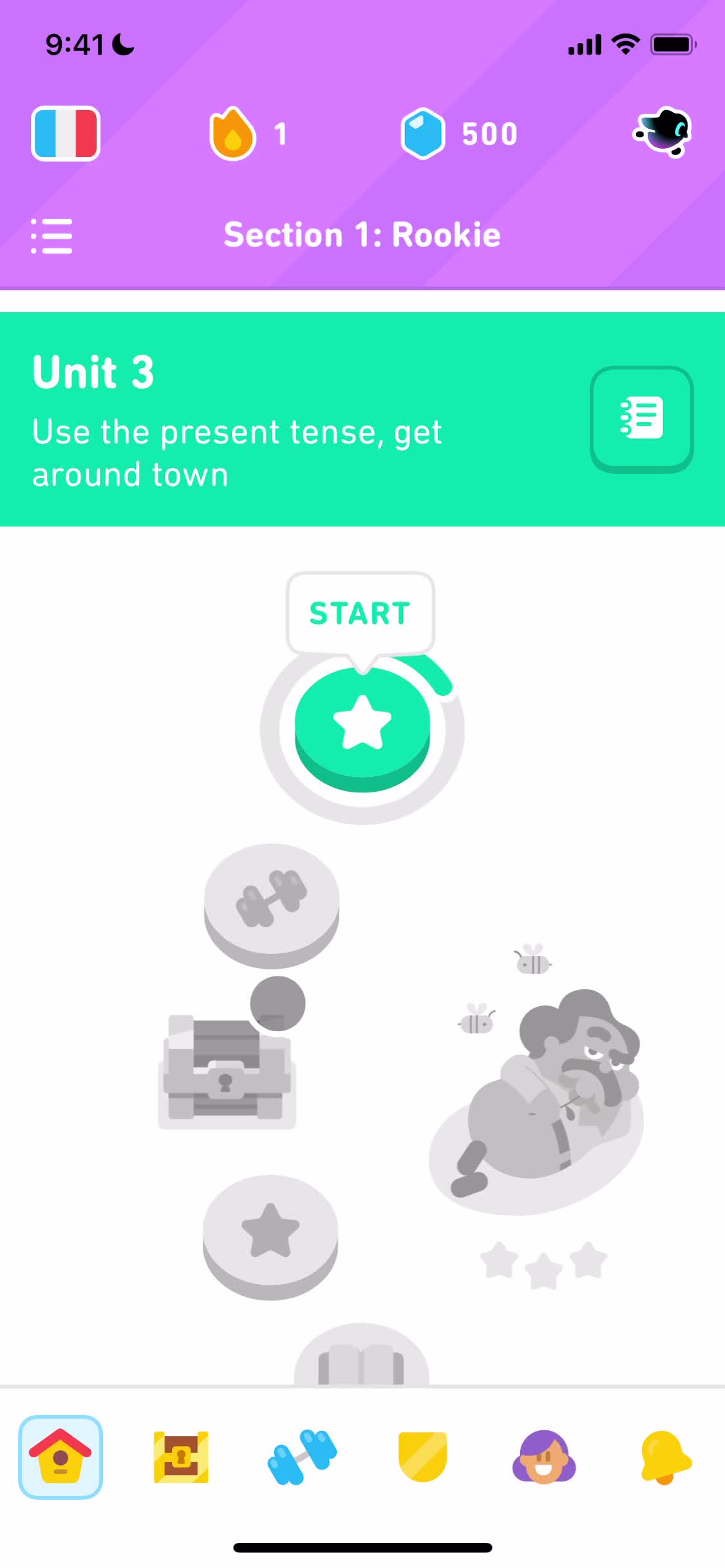 Screenshot of Home on Learning on Duolingo user flow
