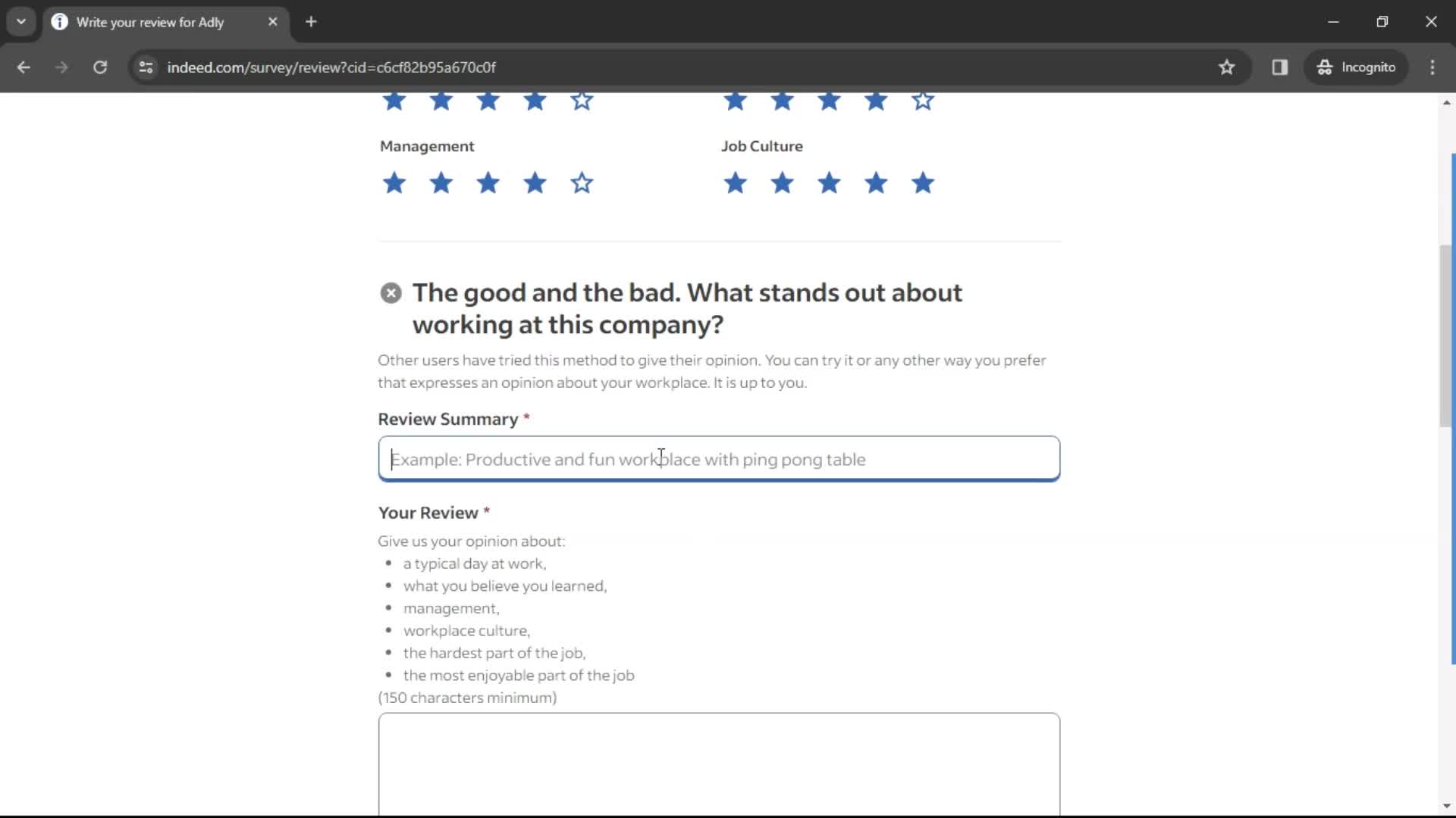 Leaving a review screenshot