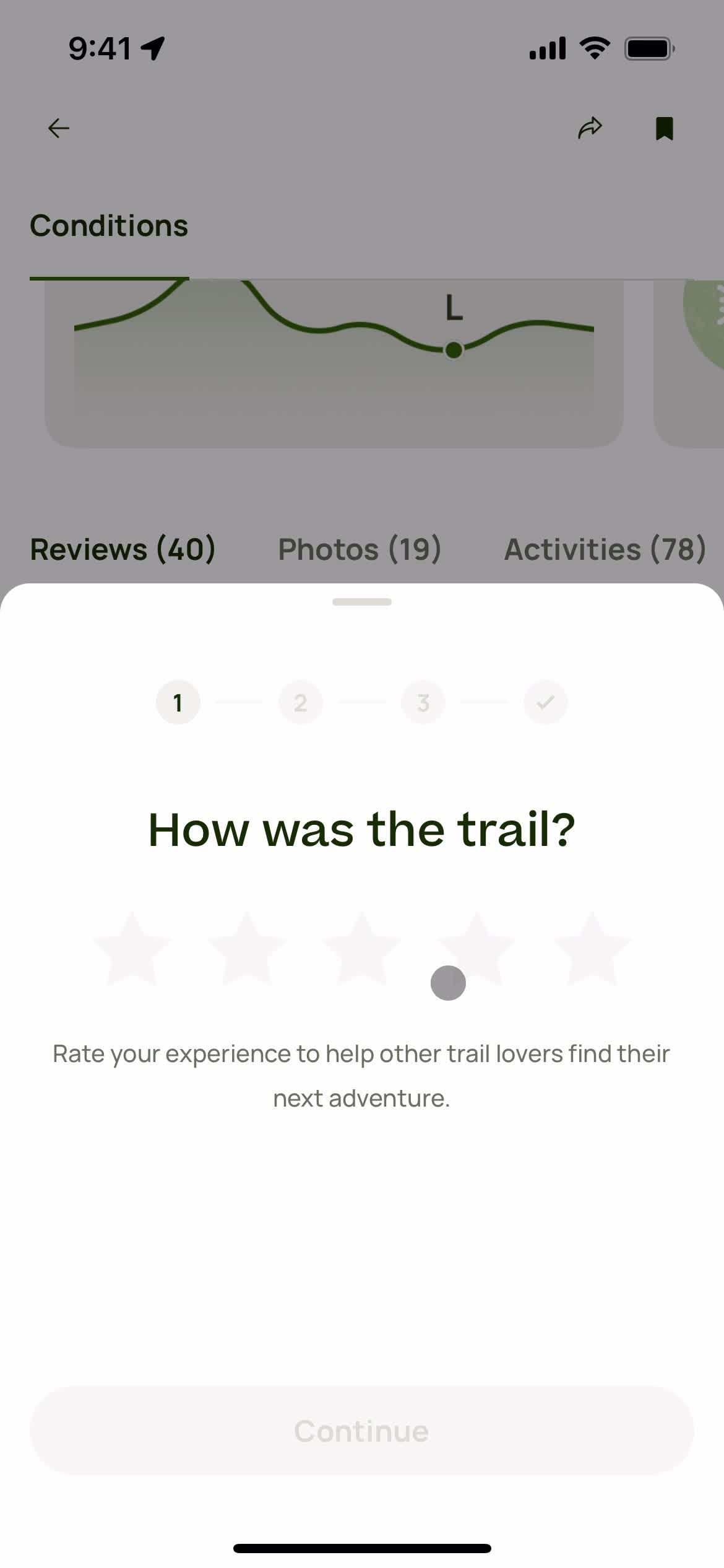 Screenshot of Add review on Leaving a review on AllTrails user flow