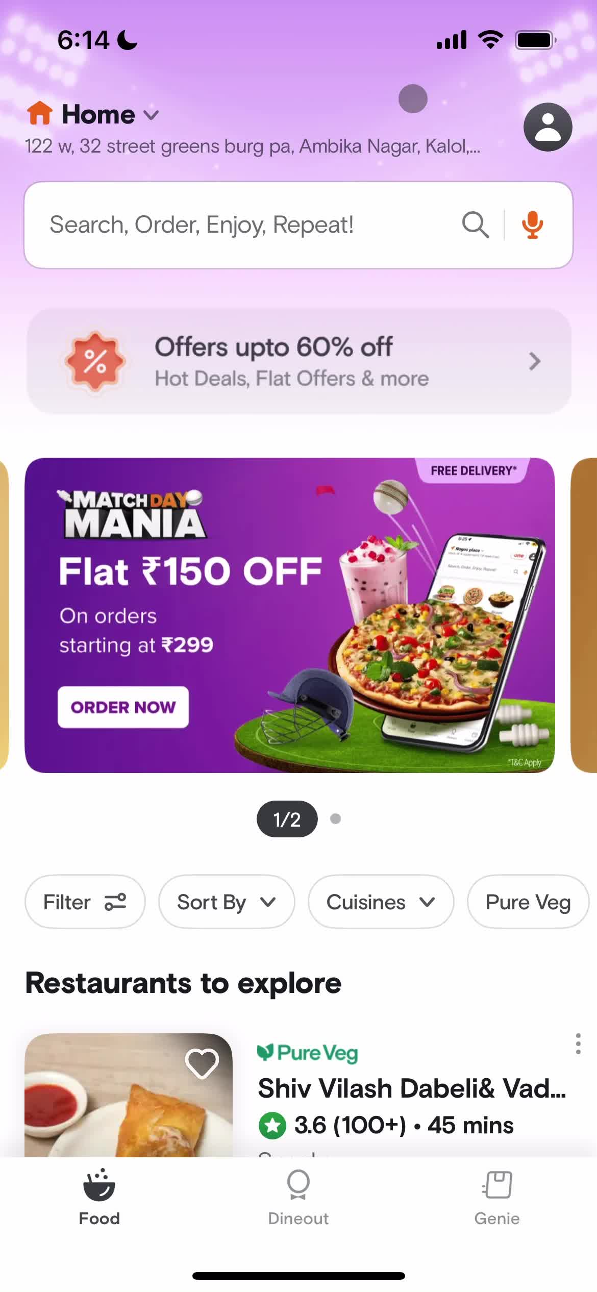 Screenshot of Home on Leaving a review on Swiggy user flow