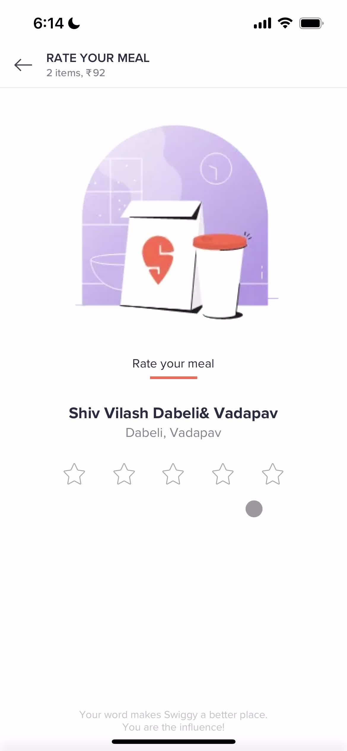 Screenshot of Add rating on Leaving a review on Swiggy user flow