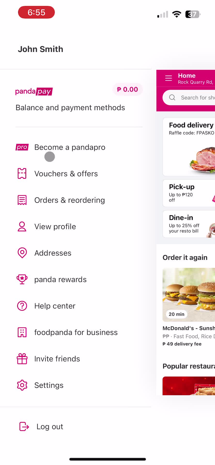 Screenshot of Navigation menu on Leaving a review on foodpanda user flow