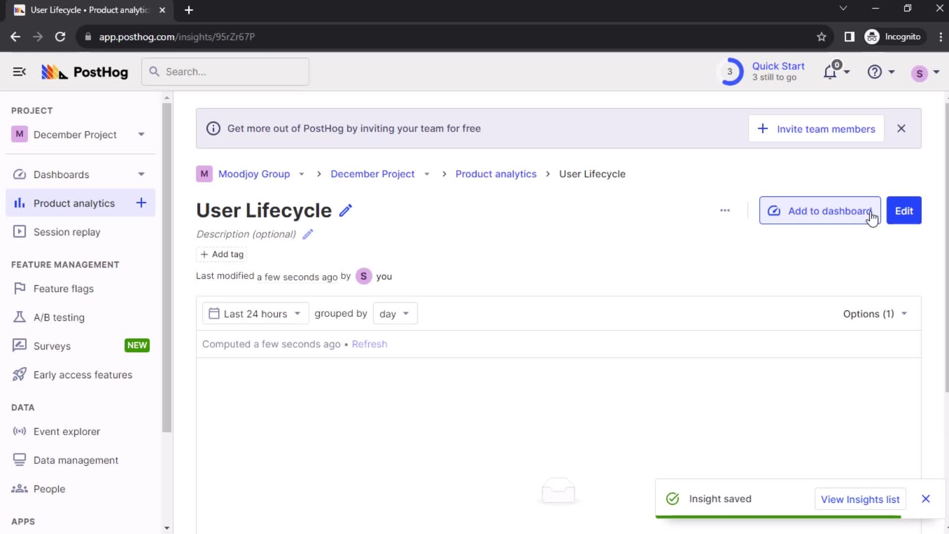 Creating a lifecycle insight screenshot