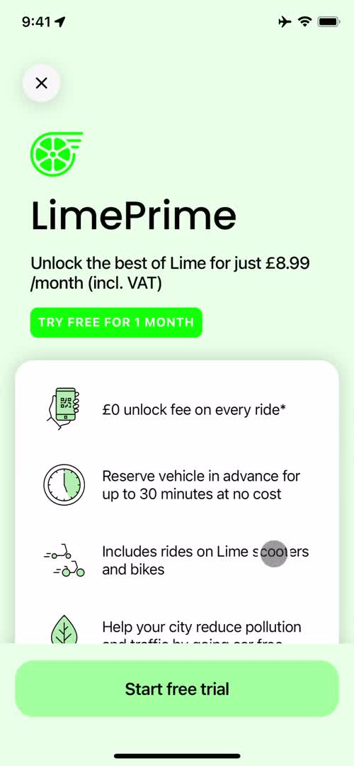 Screenshot of Upgrade on Upgrading your account on Lime user flow