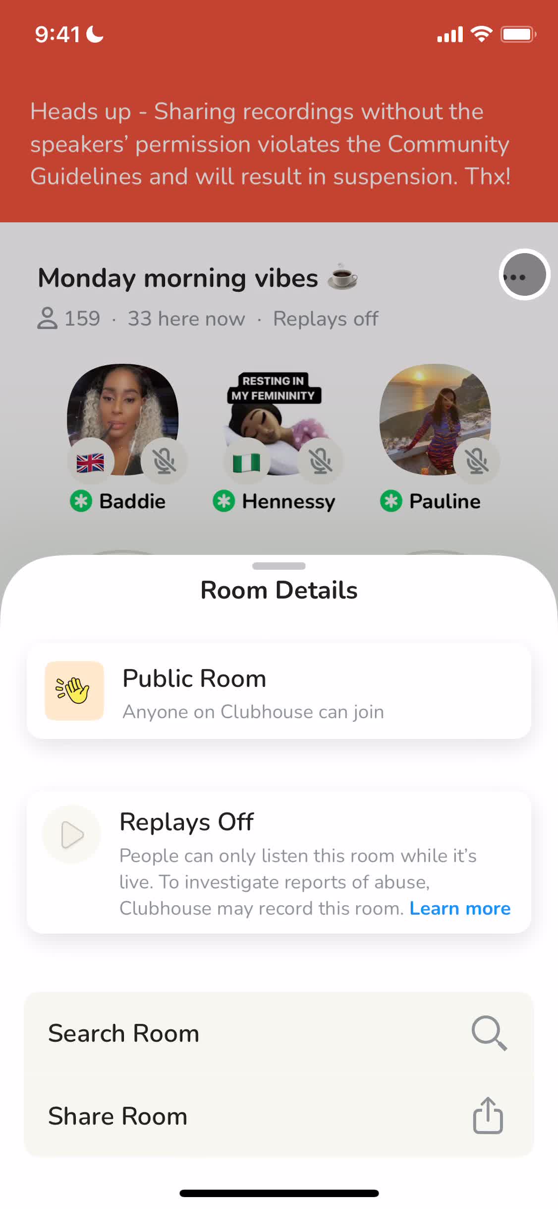 Screenshot of Room details on Listening on Clubhouse user flow