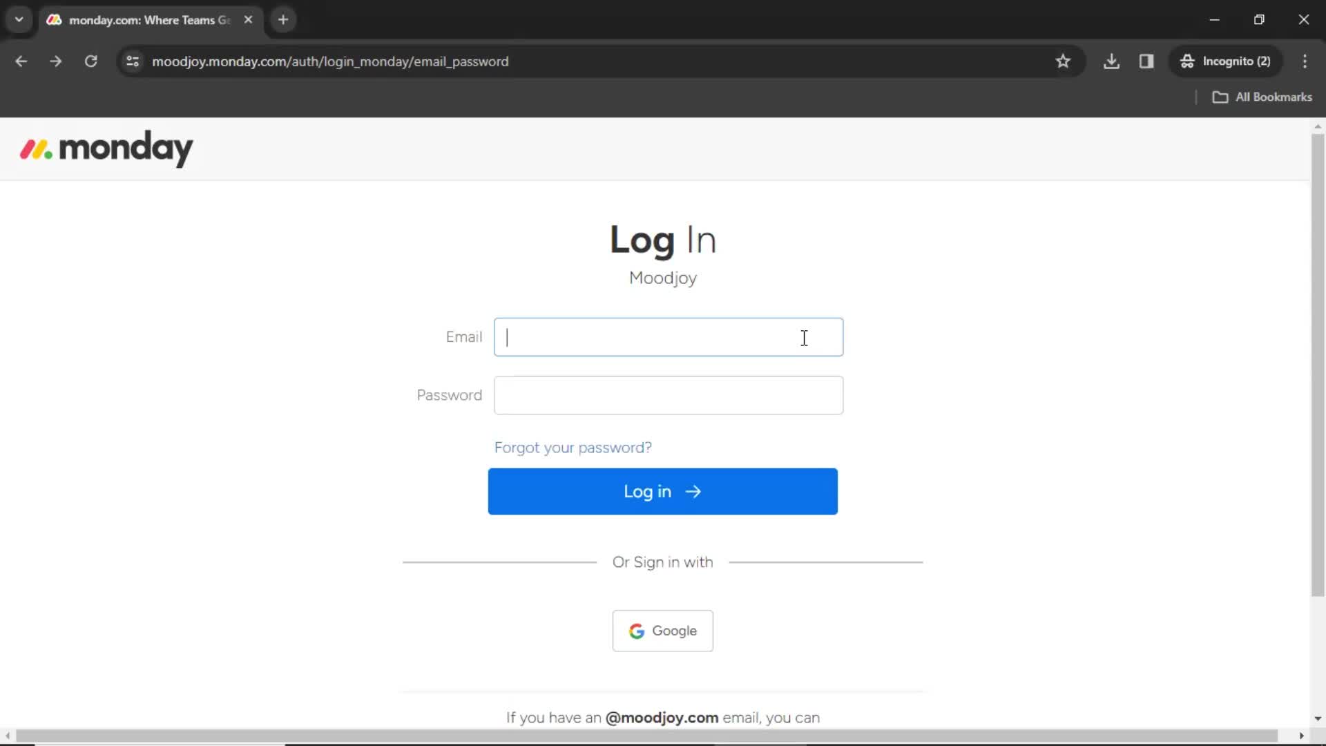 Screenshot of Enter email on Logging in on Monday user flow