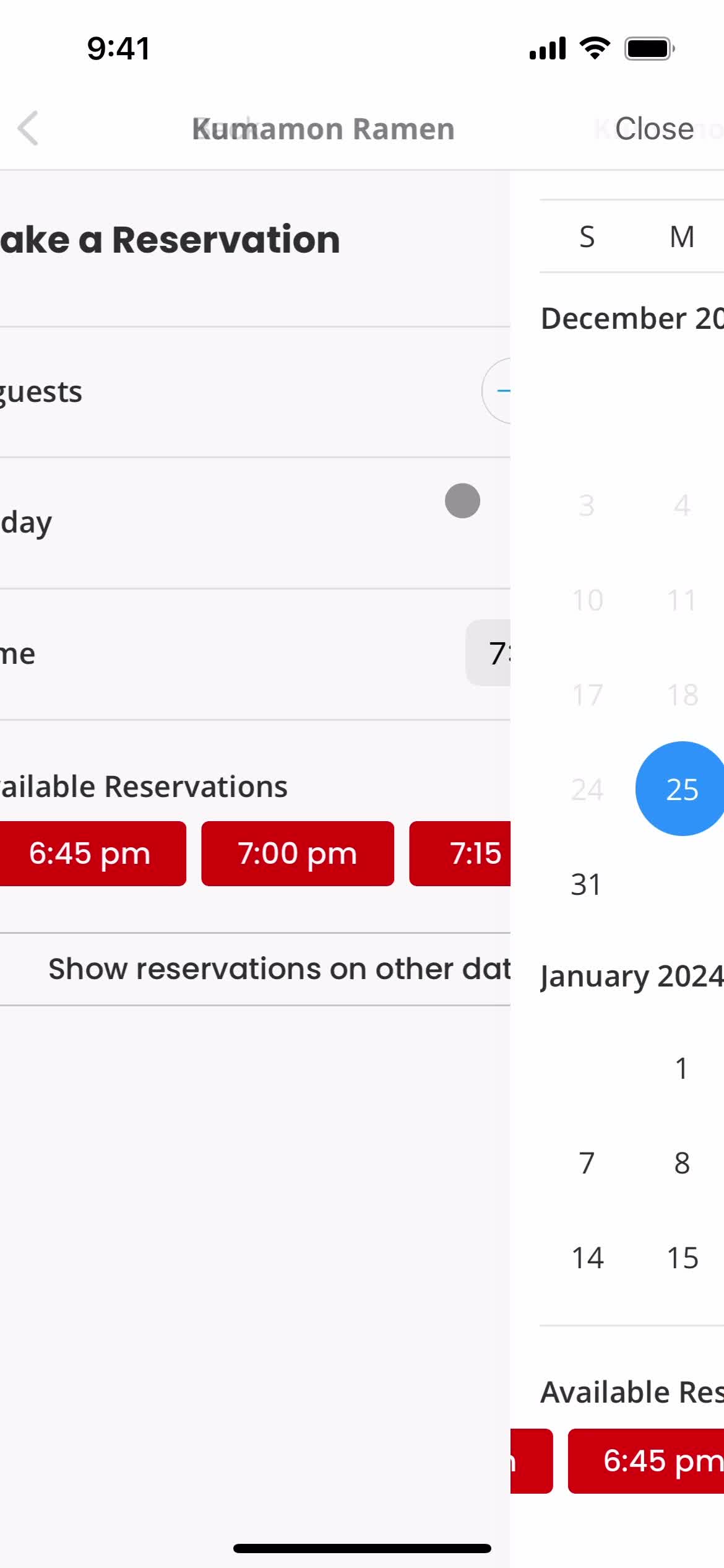 Making a reservation screenshot