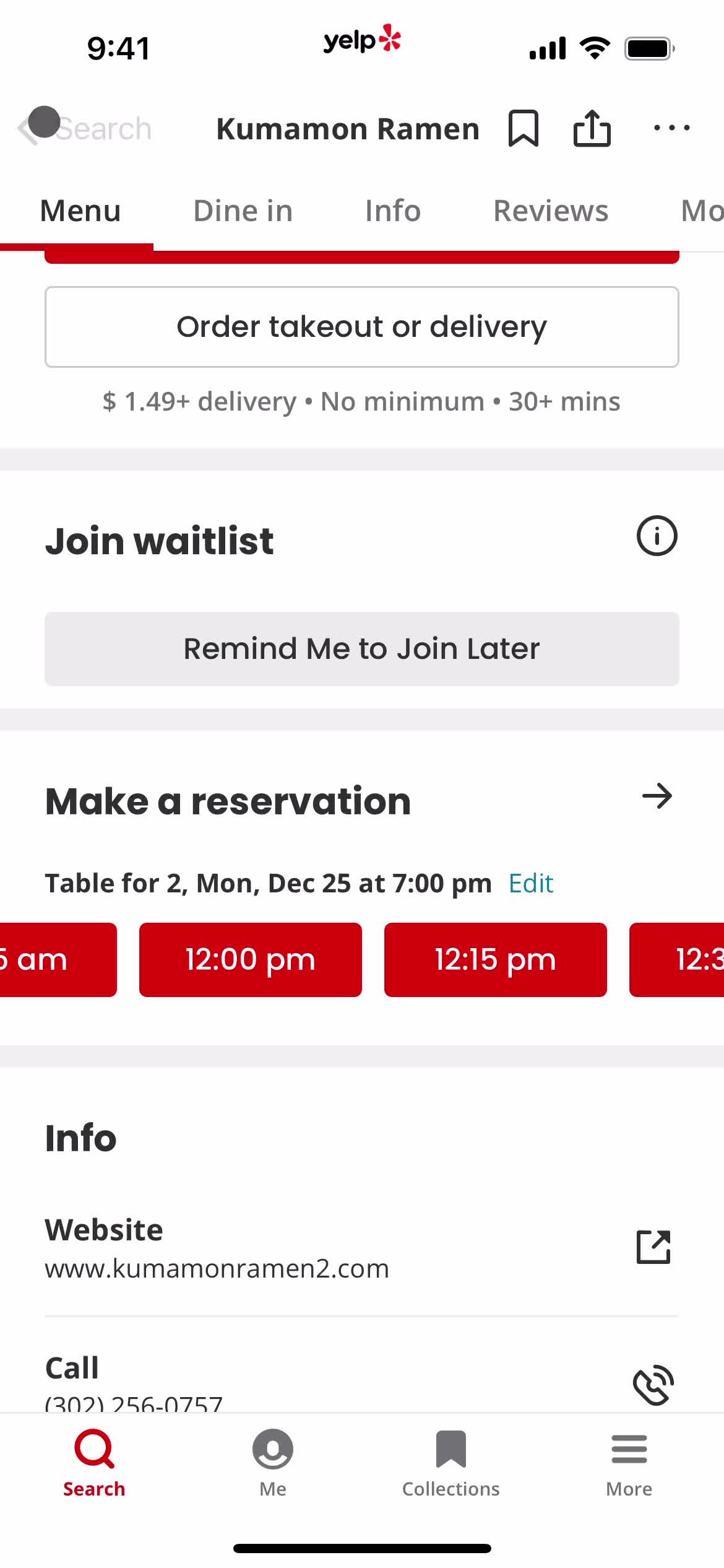 Making a reservation screenshot