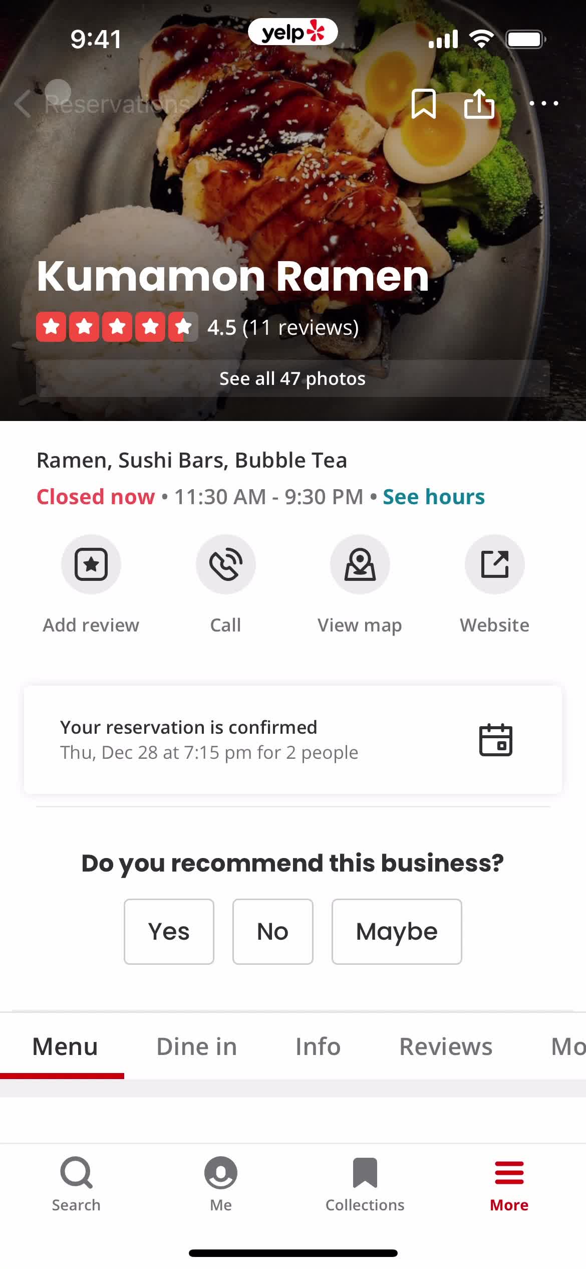 Making a reservation screenshot