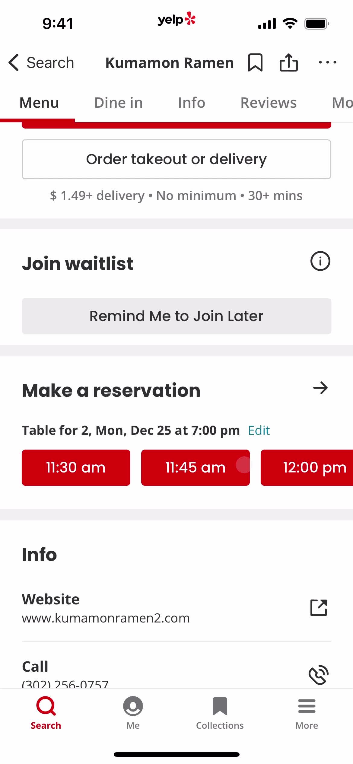 Making a reservation screenshot