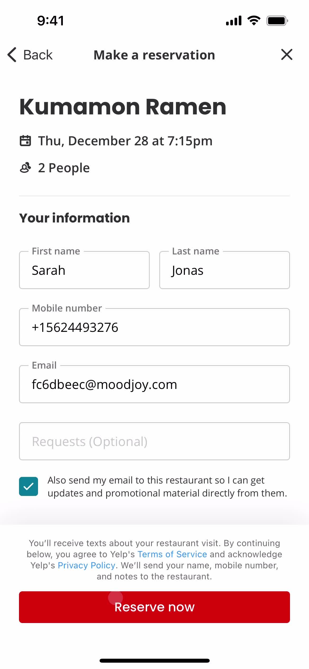 Making a reservation screenshot