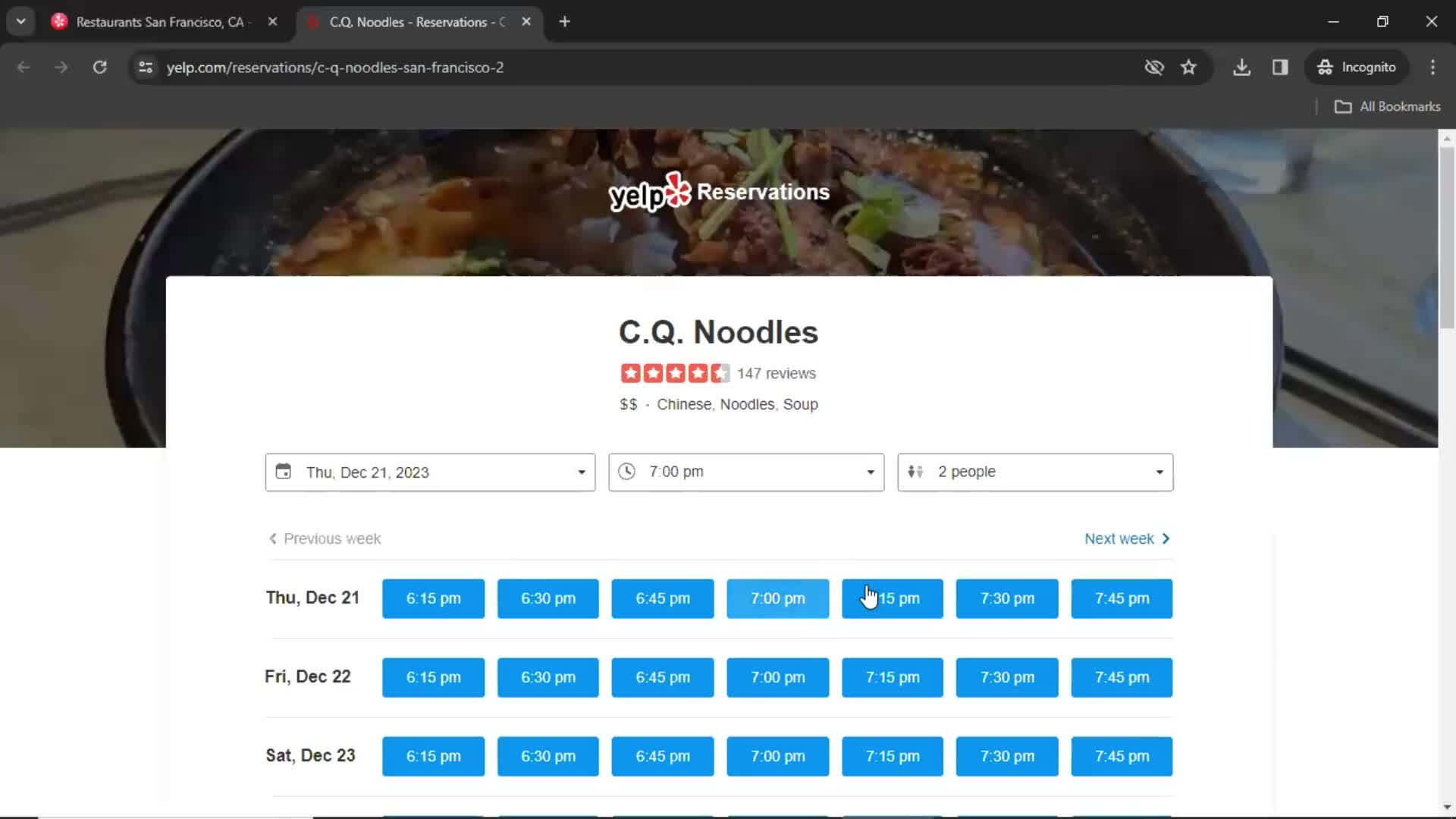 Making a restaurant reservation screenshot