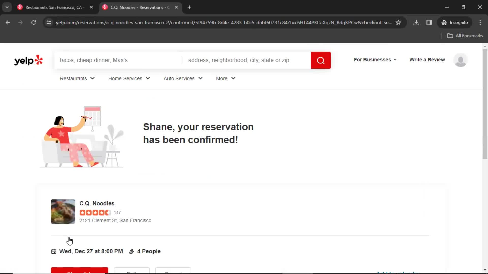 Making a restaurant reservation screenshot