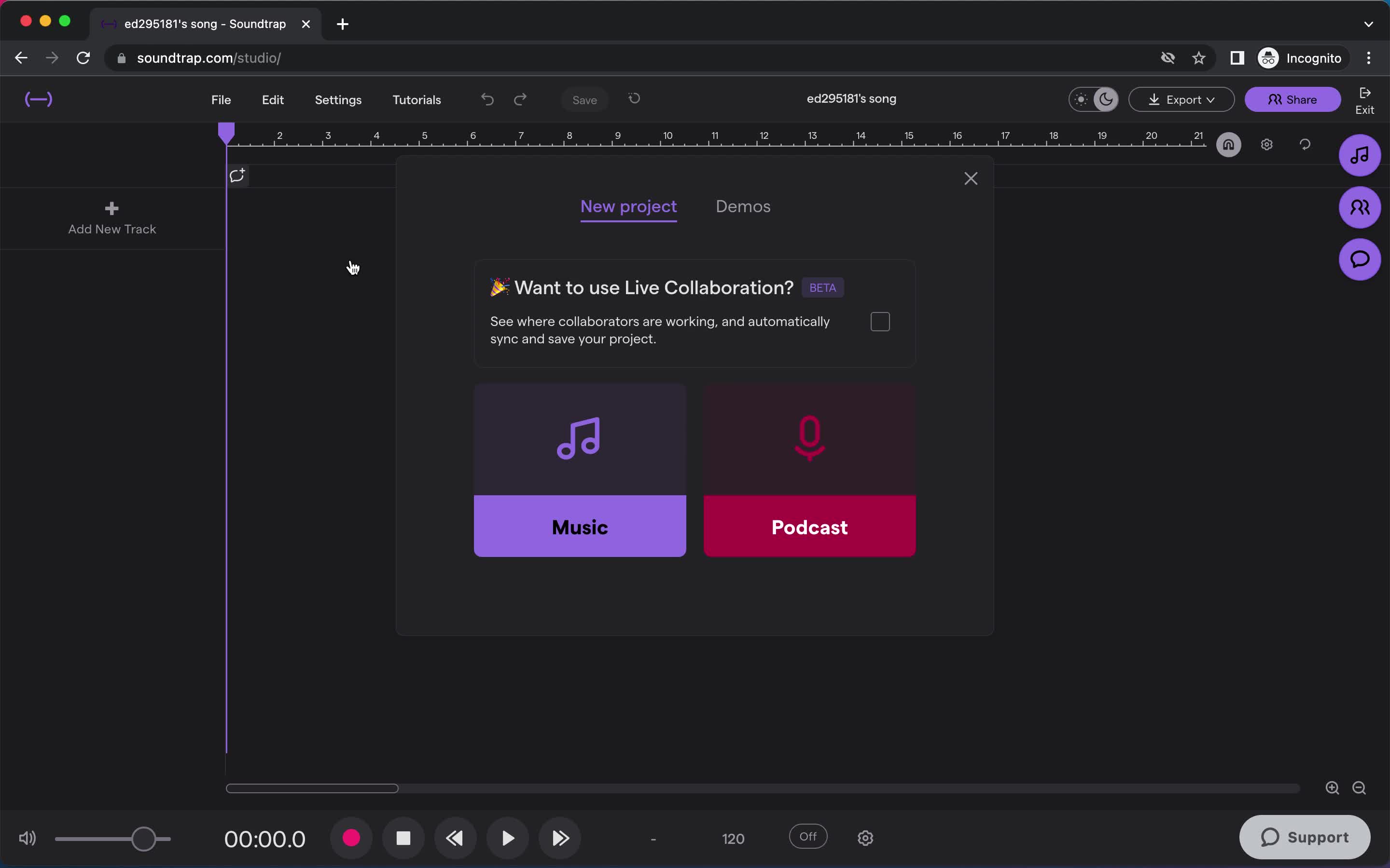 Screenshot of Select type on Creating a podcast on Soundtrap user flow