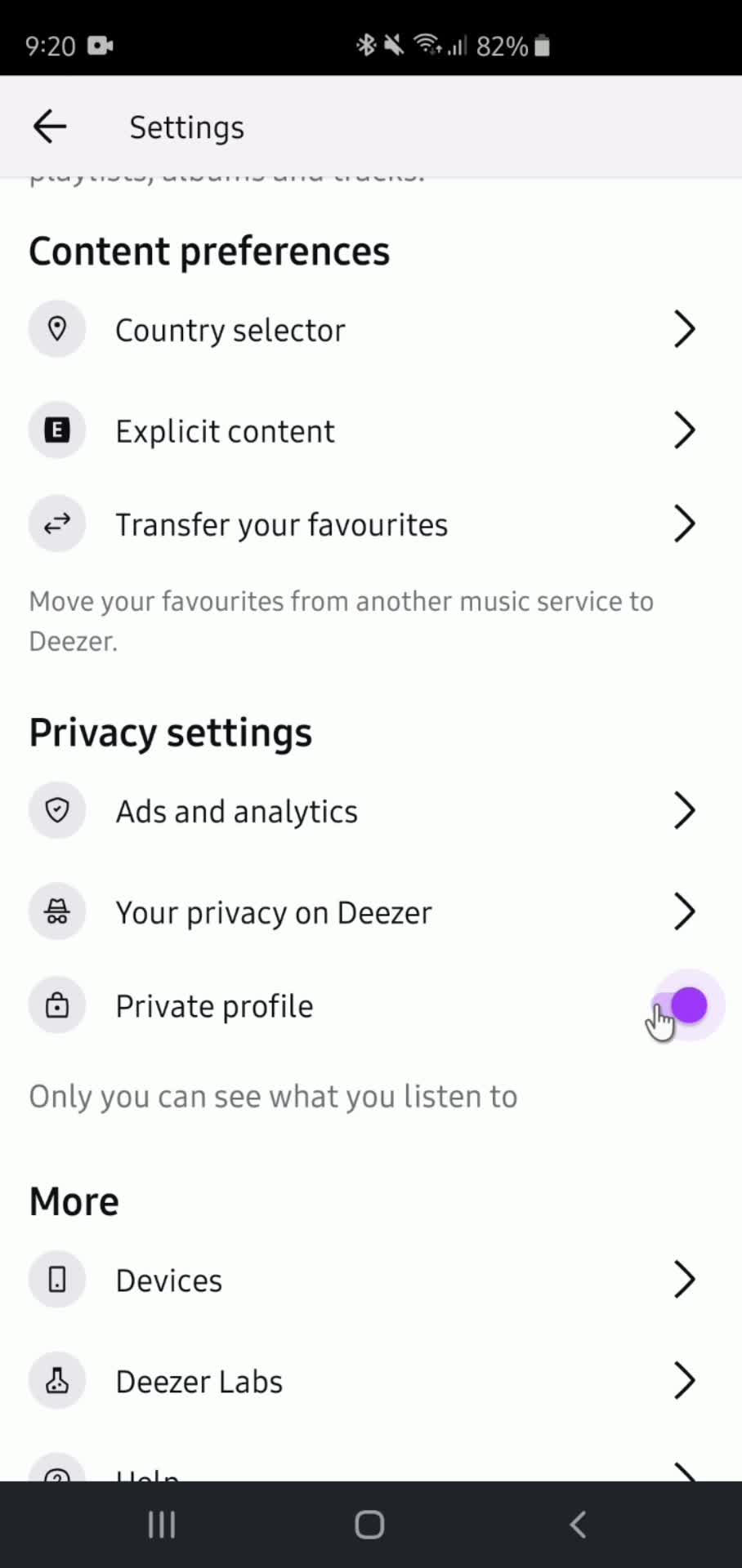 Settings screenshot