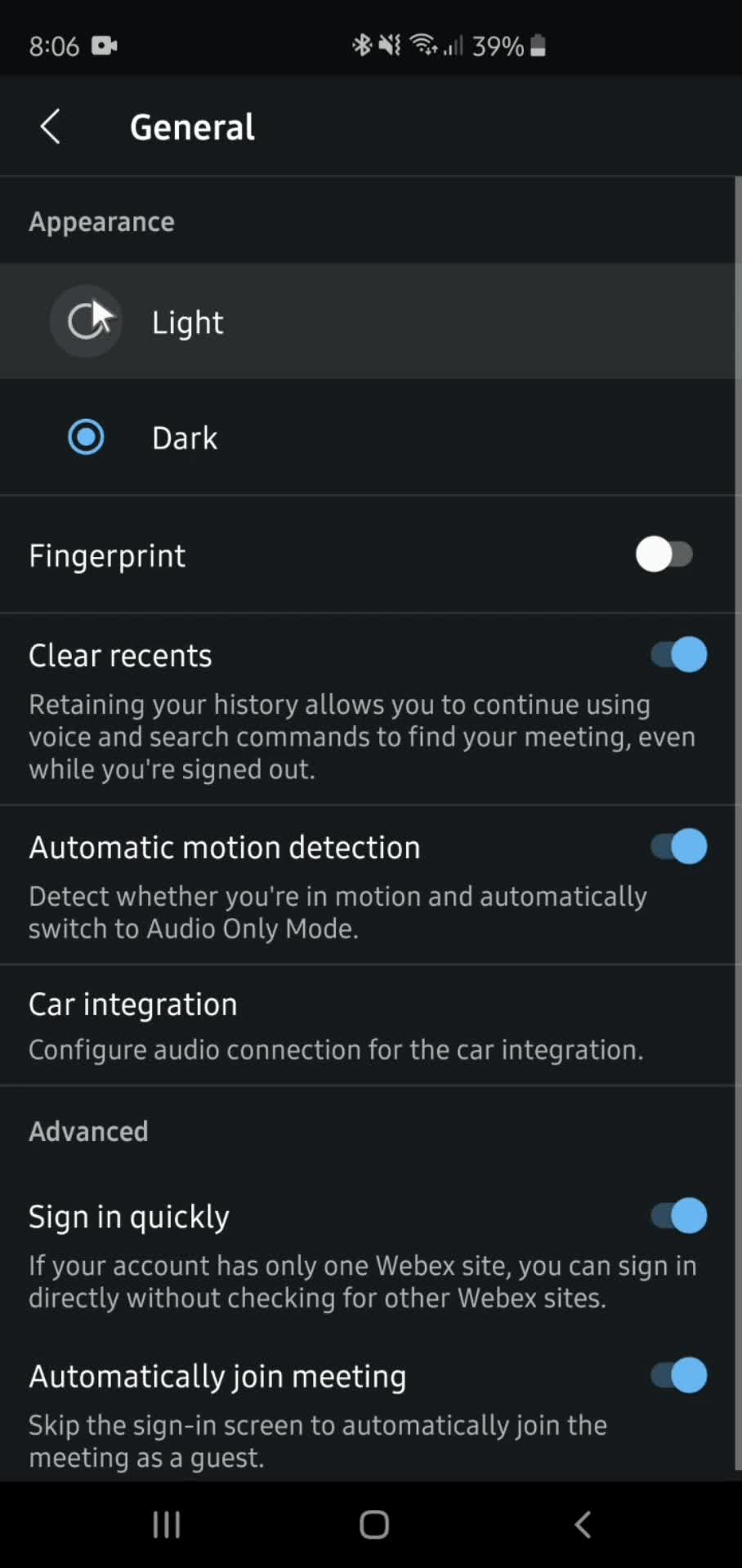 Settings on Webex video thumbnail