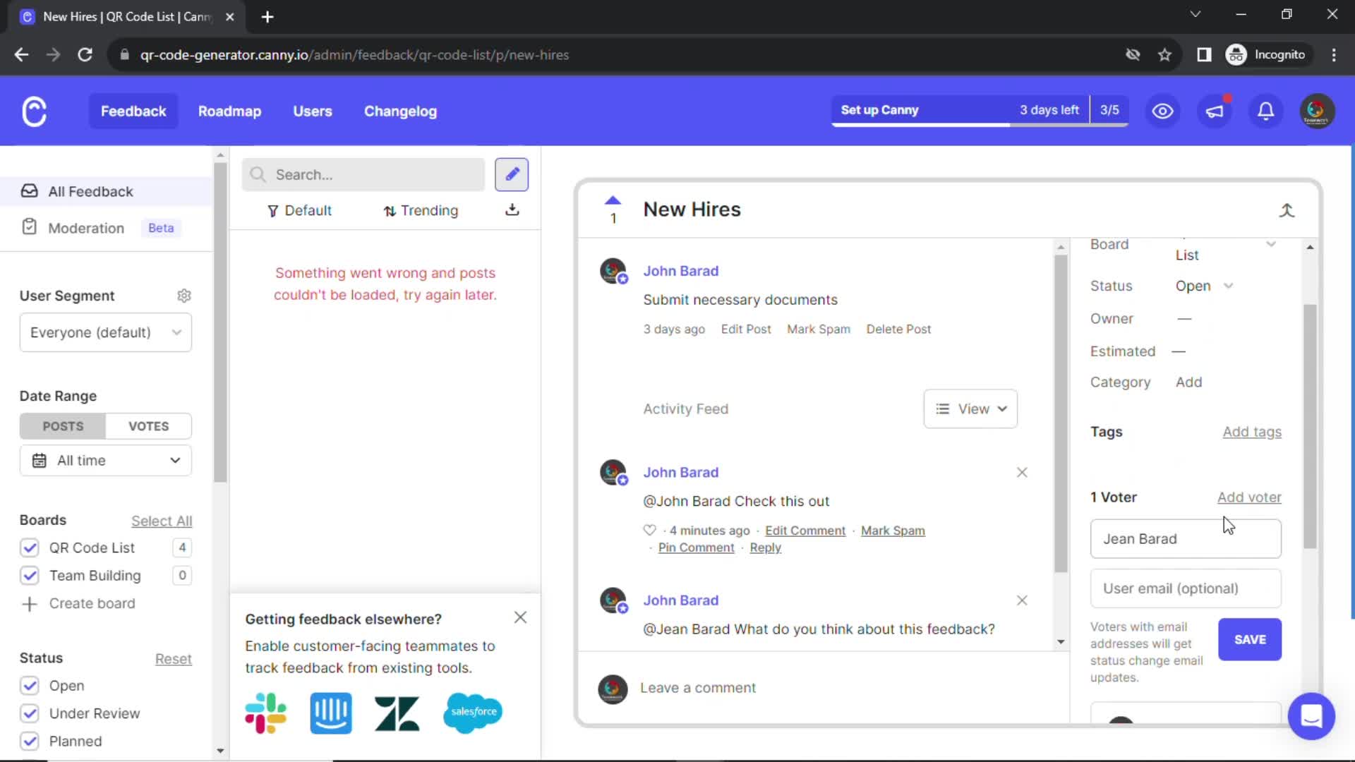 Managing feedback screenshot